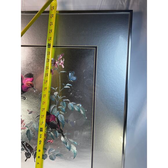 Large Foil Art Framed Vintage MCM Siver Nature Birds Butterfly Rena Hand Etched - Picture 14 of 16